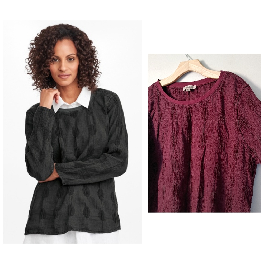 FLAX Urbane Pullover Top Linen Crinkled Layering Sweater Dot Maroon Size XL